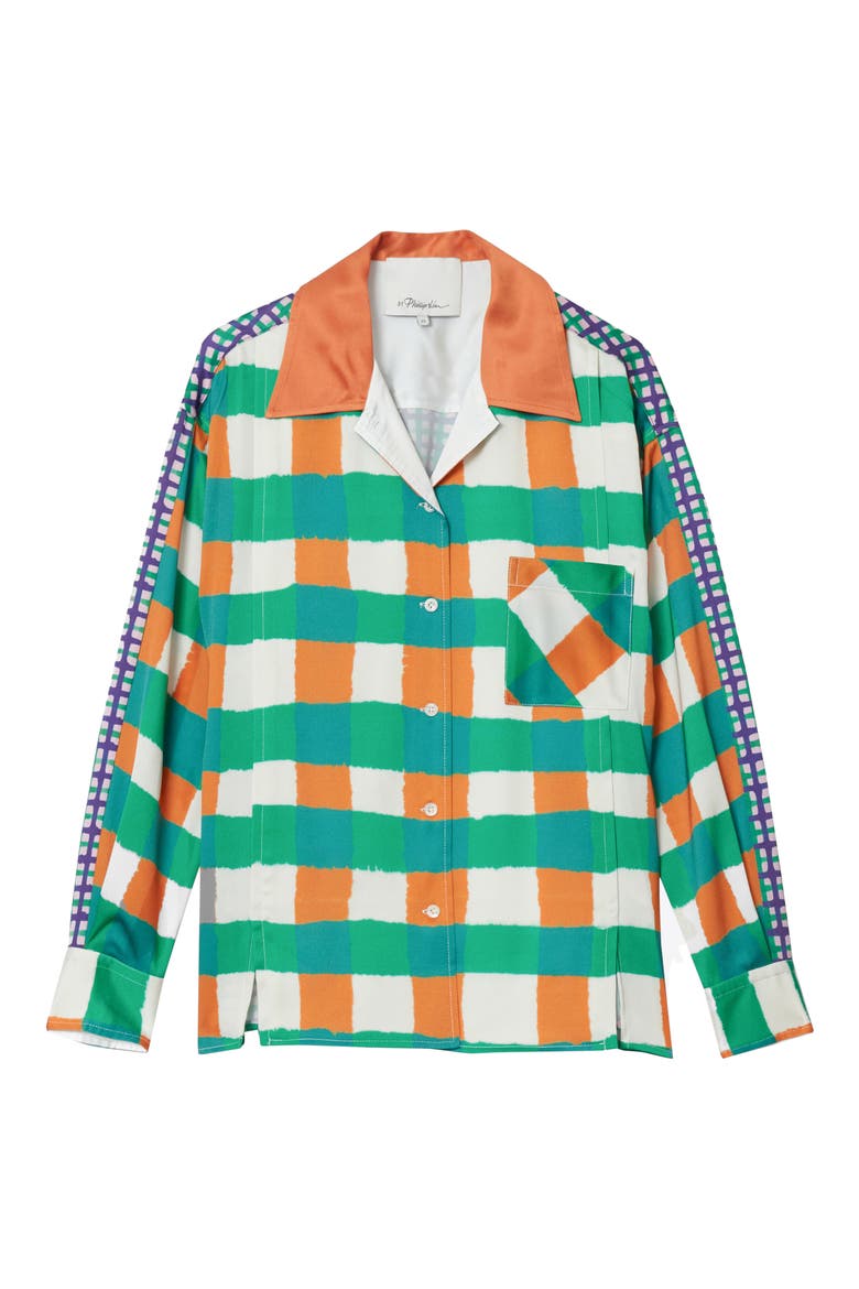 Plaid Long Sleeve Satin Camp Shirt, Alternate, color, MARIGOLD MULTI