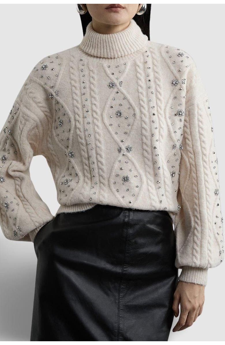 Karen Millen Wool Blend Embellished Cable Knit Jumper, Alternate, color, Cream