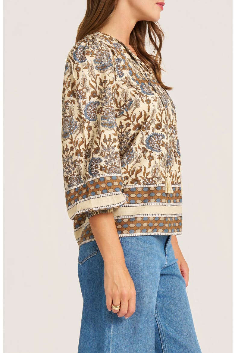 Acacia Floral Cotton Split Neck Top, Alternate, color, STORM