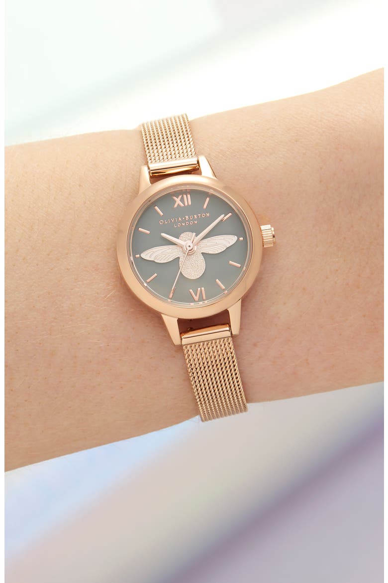 Mini Dials 3D Bee Mesh Strap Watch, 23mm, Alternate, color, ROSE GOLD/ GREY