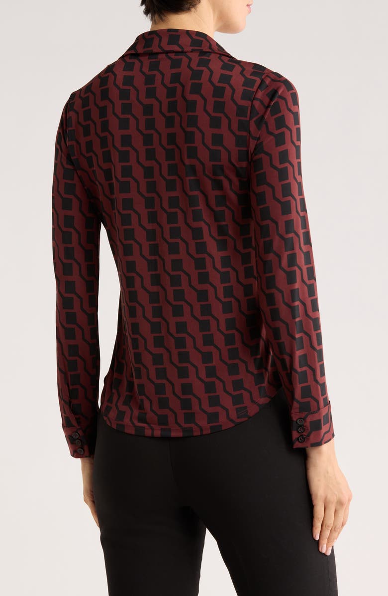 T Tahari Print Long Sleeve Knit Button-Up Shirt, Alternate, color, Cordovan/Black Geometric Print