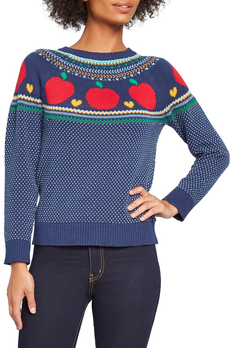 Fair Isle Apple Crewneck Cotton Sweater, Main, color, BLUE MULTI