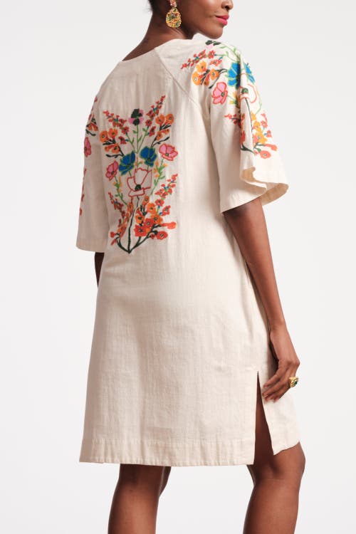Frances Valentine Charming Mini Caftan Dress In Botanical Bash Embroidery Oyster