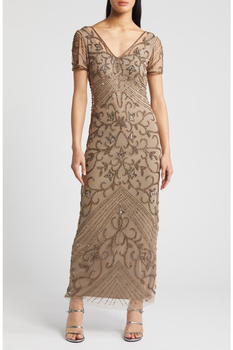 Beaded Mesh Column Gown, Main, color, OYSTER