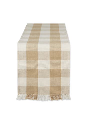 Design Imports Checkered Fringe Cotton Table Runner In Brown
