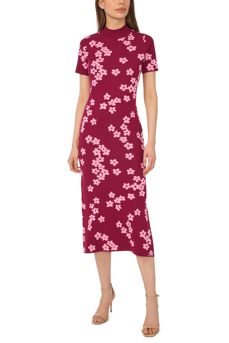 Flower Jacquard Midi Sweater Dress, Main, color, BURGUNDY WINE