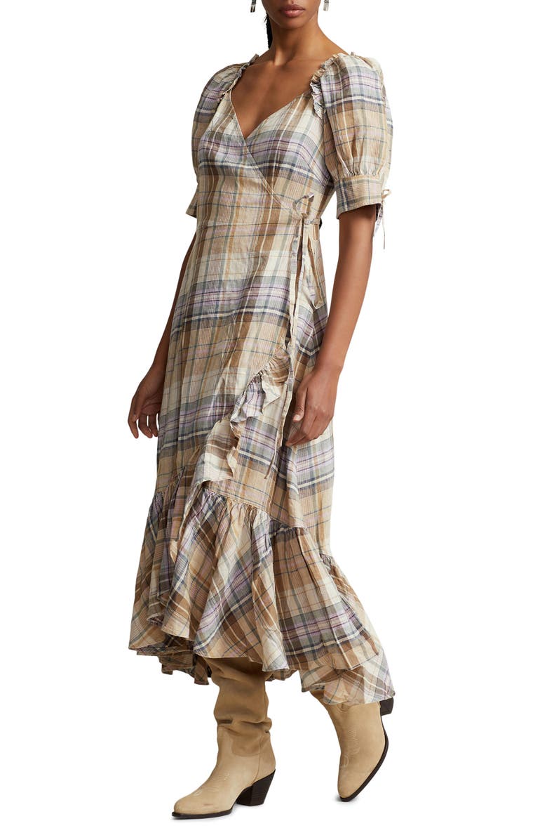 Polo Ralph Lauren Plaid Puff Sleeve Linen Wrap Dress, Main, color, Brown Multi Plaid