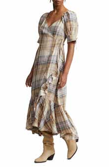 Polo Ralph Lauren Plaid Puff Sleeve Linen Wrap Dress