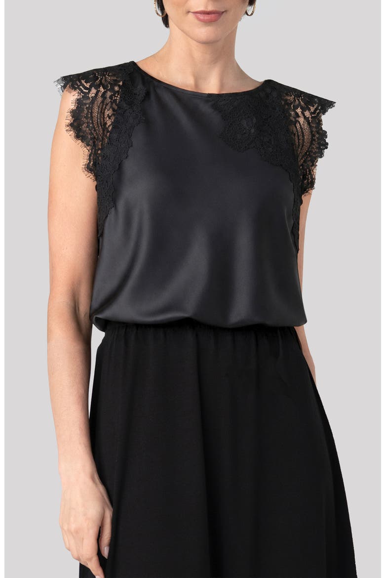 Lace Trim Satin Top, Main, color, BLACK