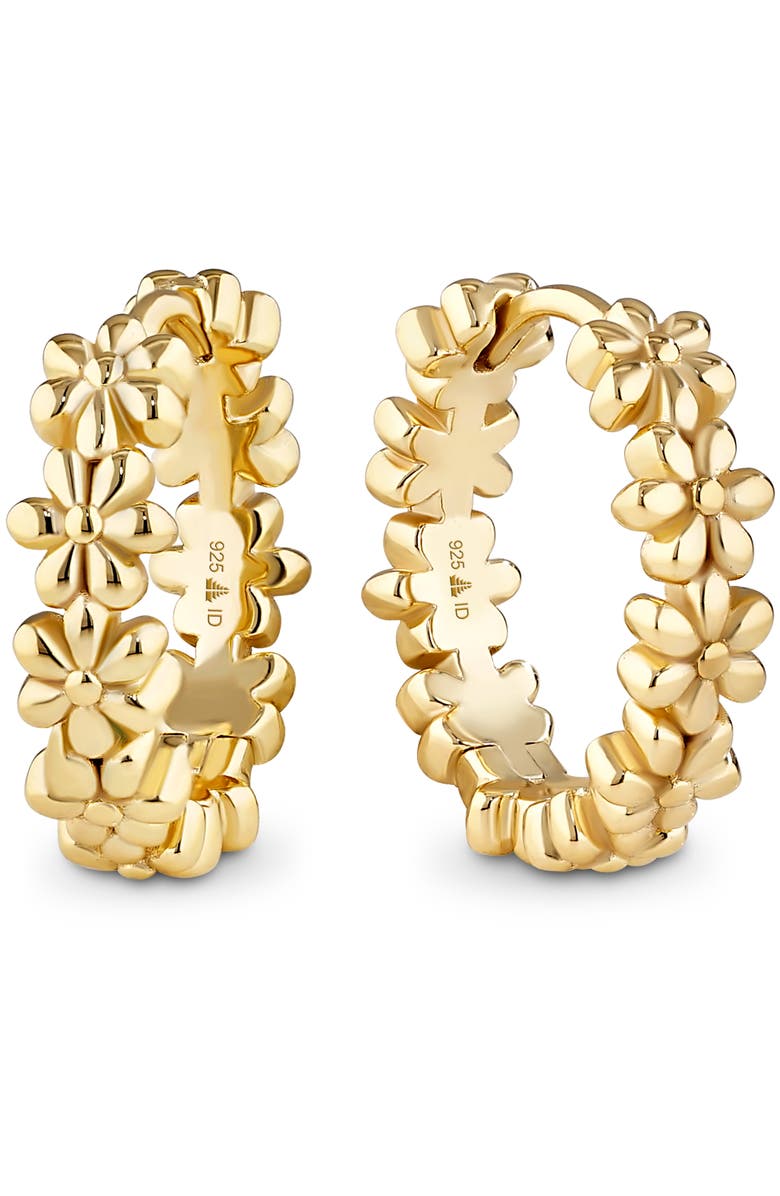 DEVATA Daisy Flower Hoop Earrings in Gold Plated Sterling Silver, Main, color, Yellow Gold