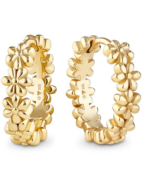 Daisy Flower Hoop Earrings in Gold Plated Sterling Silver