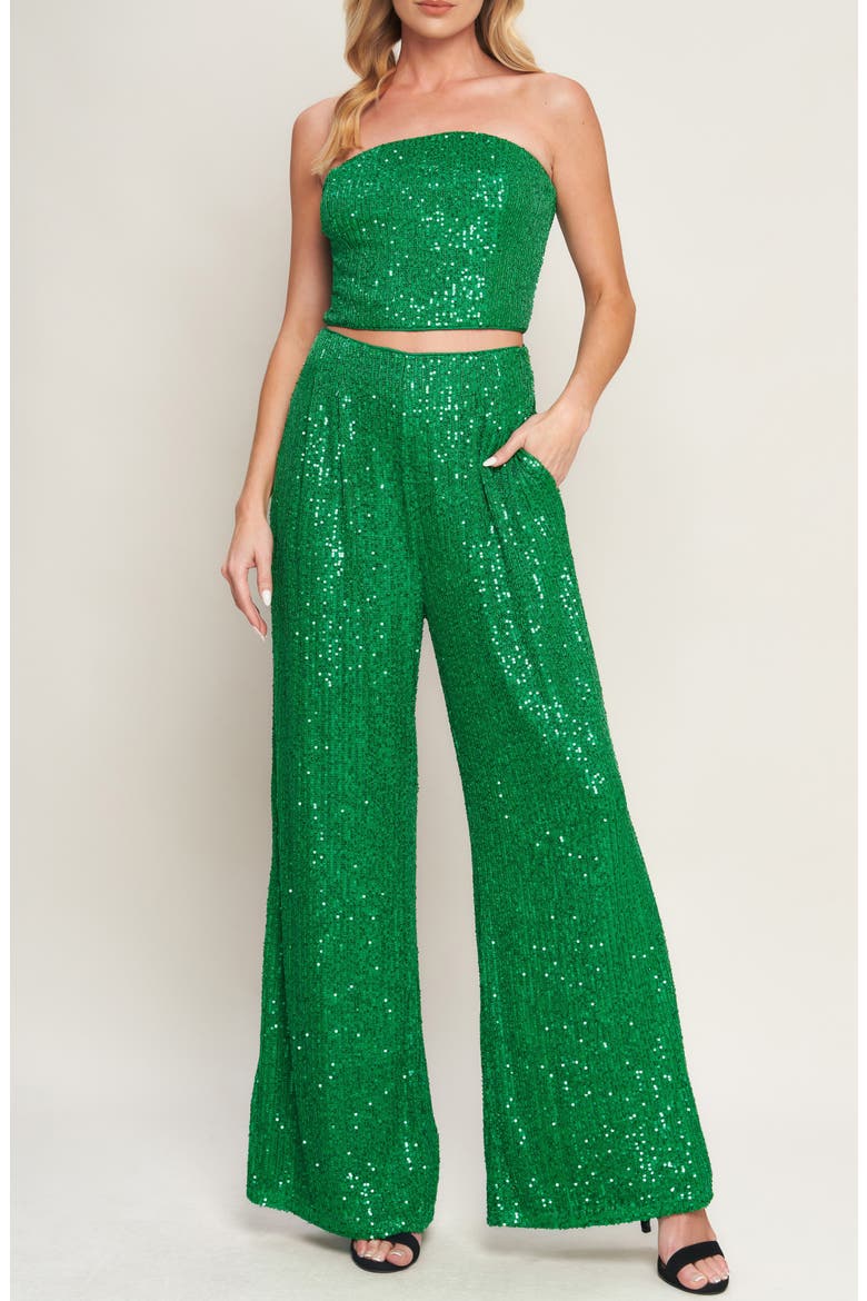 Sequin Tube Top & Wide Leg Pants Set, Main, color, GREEN