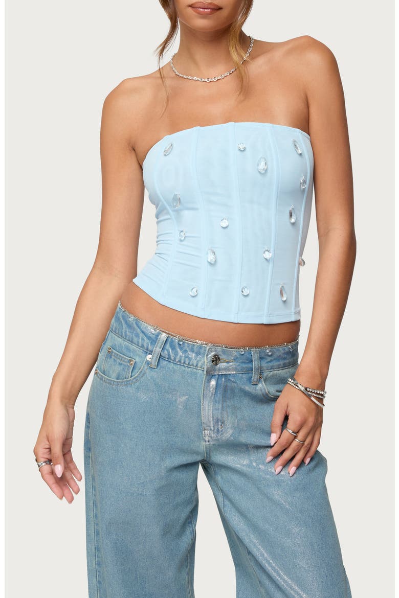Lexah Crystal Embellished Mesh Corset Top, Main, color, LIGHT-BLUE