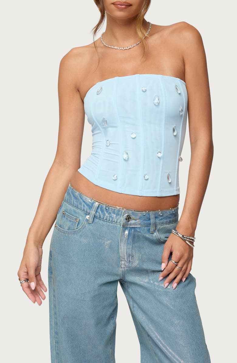 EDIKTED Lexah Crystal Embellished Mesh Corset Top, Main, color, 