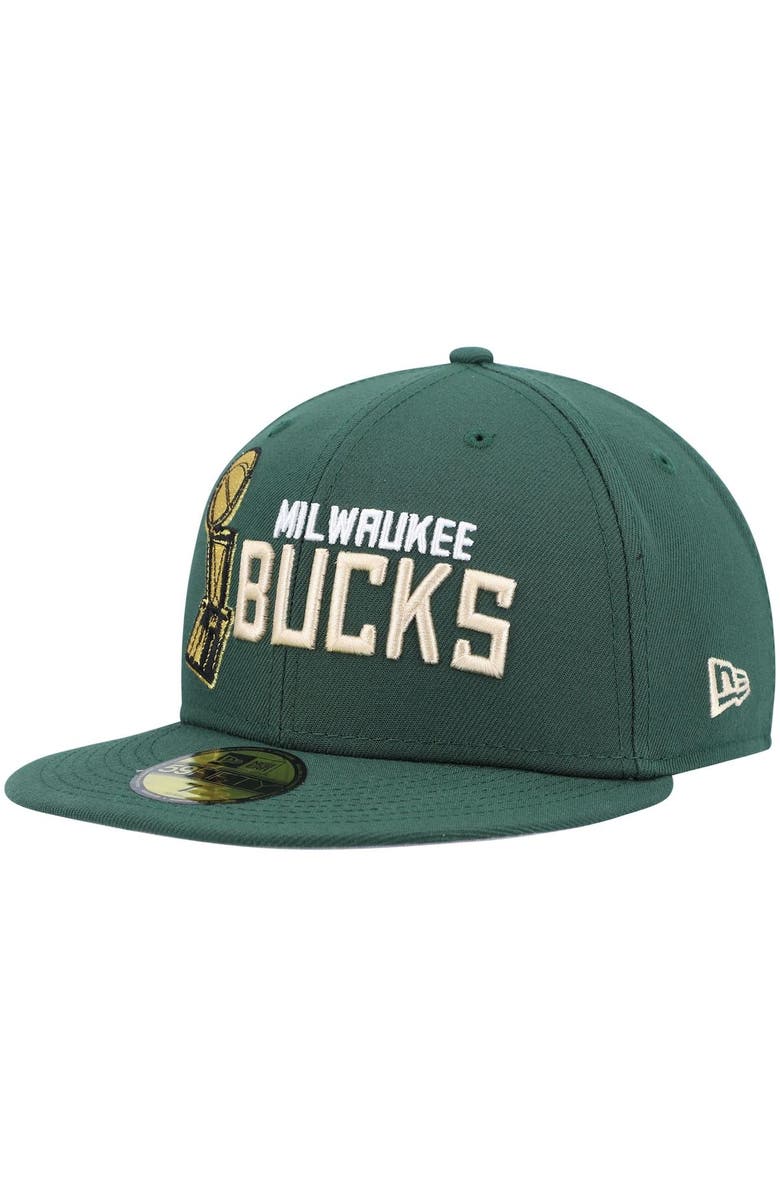 New Era Men's New Era Hunter Green Milwaukee Bucks Champs Trophy 59FIFTY Fitted Hat, Main, color,