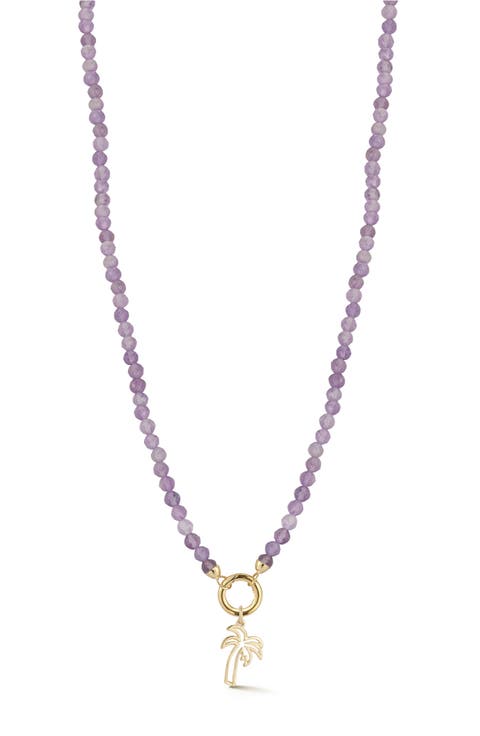 14K Yellow Gold Palm Tree Charm Beaded Necklace