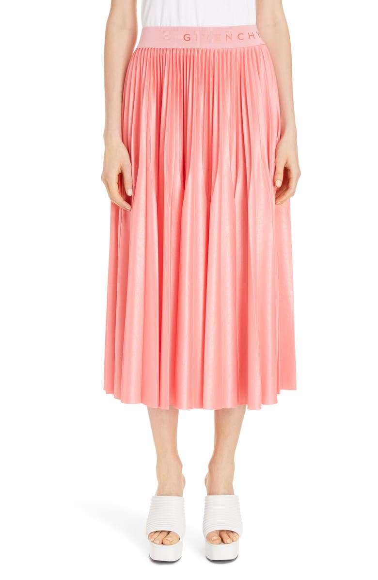 Givenchy Logo Waist Pleated Midi Skirt, Main, color, 