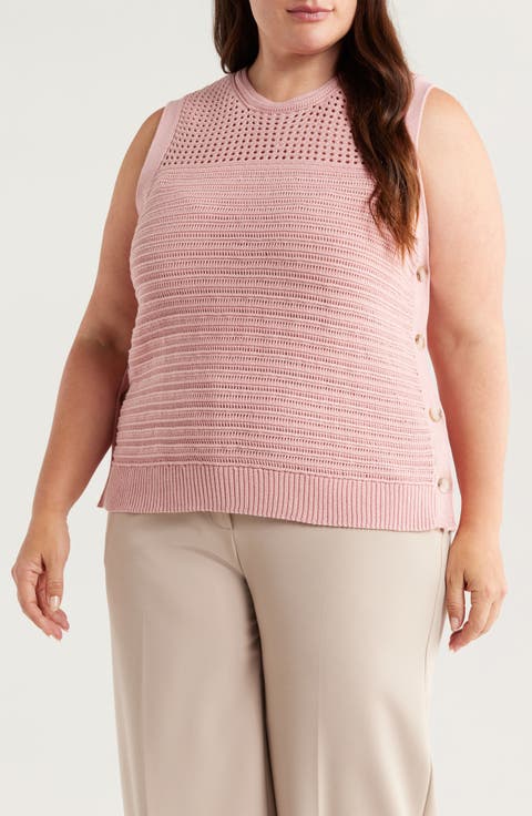 Open Stitch Side-Button Cotton Sweater Tank (Plus)