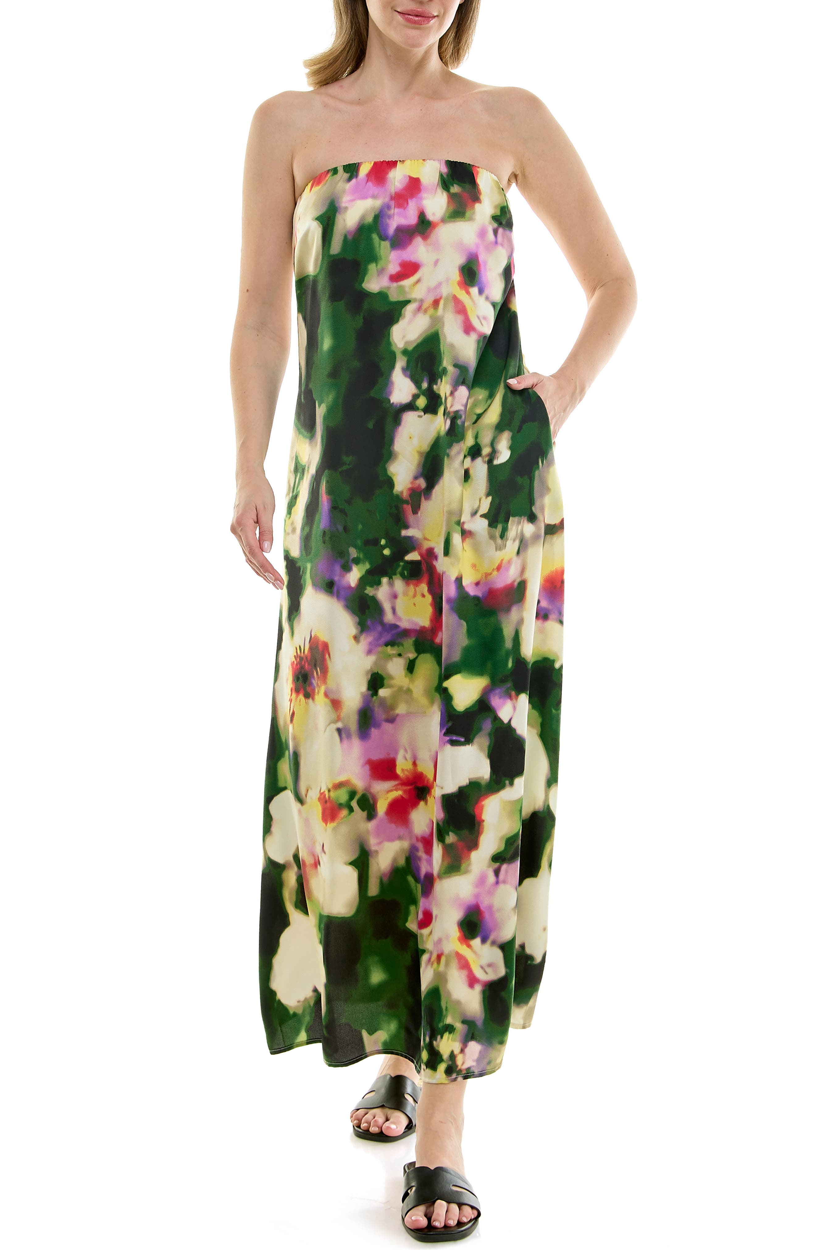Strapless Print Satin Maxi Dress