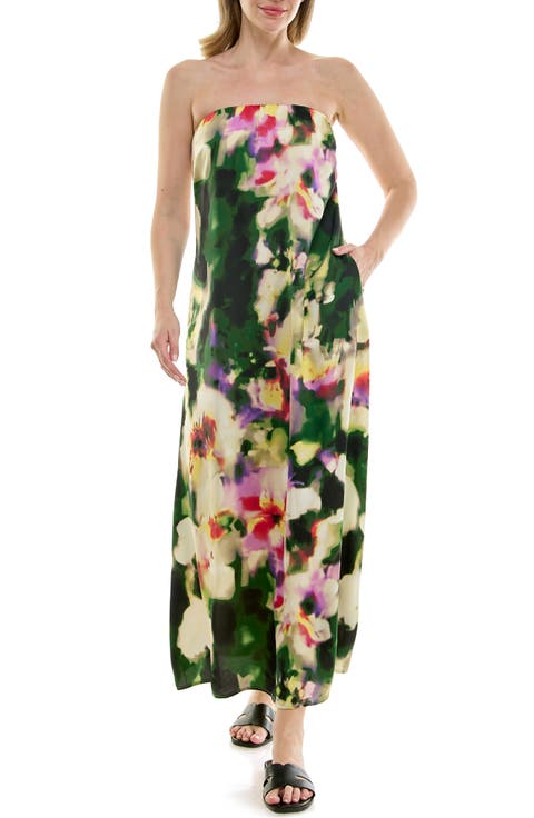 Strapless Print Satin Maxi Dress