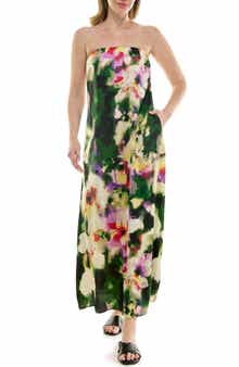 Strapless Print Satin Maxi Dress