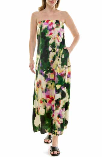 Strapless Print Satin Maxi Dress