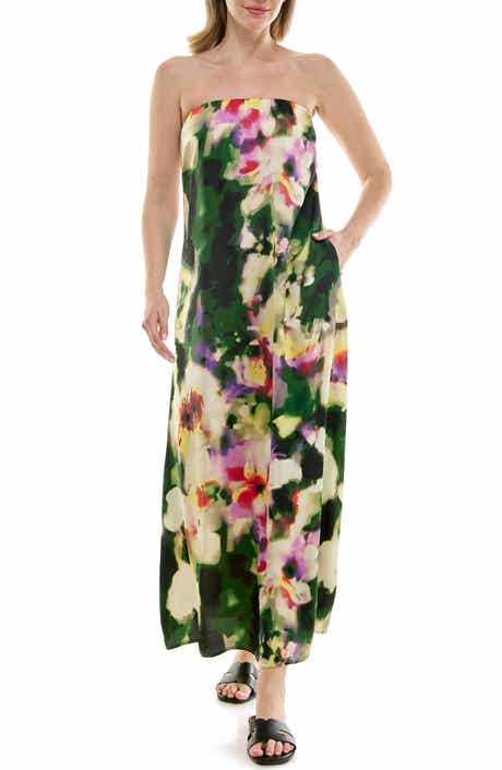 Strapless Print Satin Maxi Dress