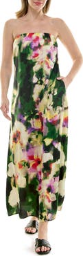 Nicole Miller Strapless Print Satin Maxi Dress