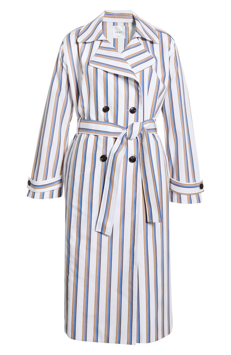 LESET Yoshi Stripe Cotton Blend Trench Coat, Main, color, Parch/Choco/Blue Stripe