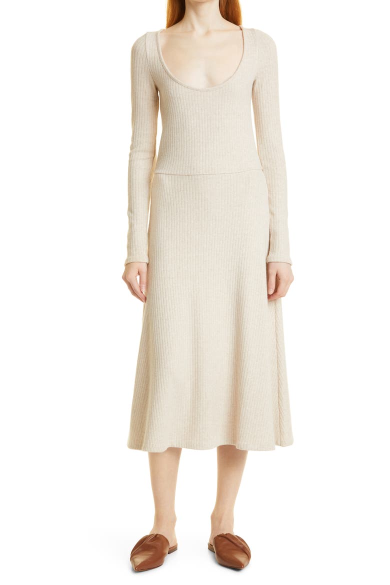 Vine Ribbed Scoop Neck Long Sleeve Sweater Dress, Main, color, HEATHER DARK IVORY