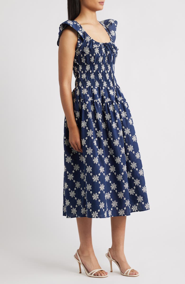 Mila Mae Embroidered Flutter Sleeve Cotton Sundress, Alternate, color, Navy White