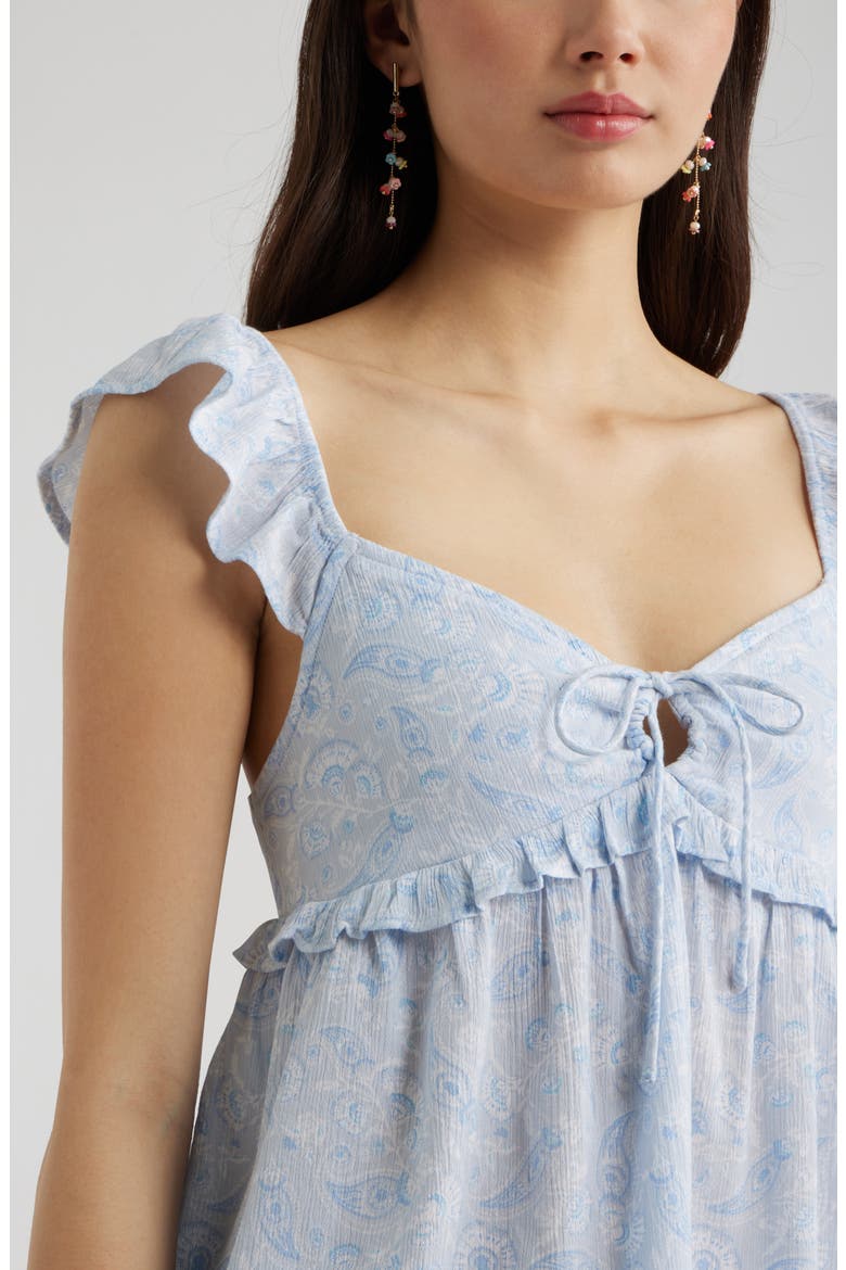 Tie Front Flutter Sleeve Babydoll Top, Alternate, color, BLUE- WHITE ELISABETH PAISLE