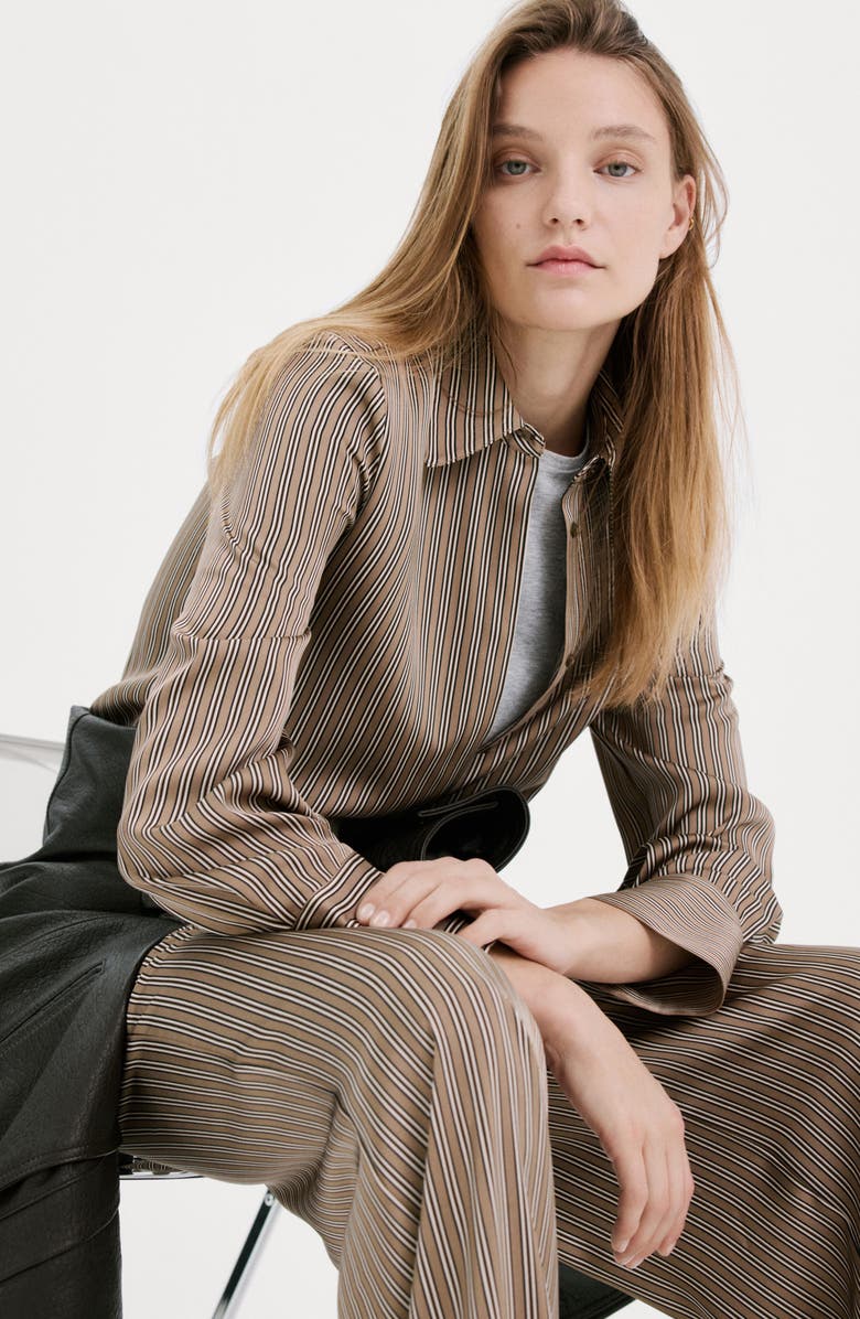 MANGO Stripe Satin Button-Up Shirt, Alternate, color, Medium Brown