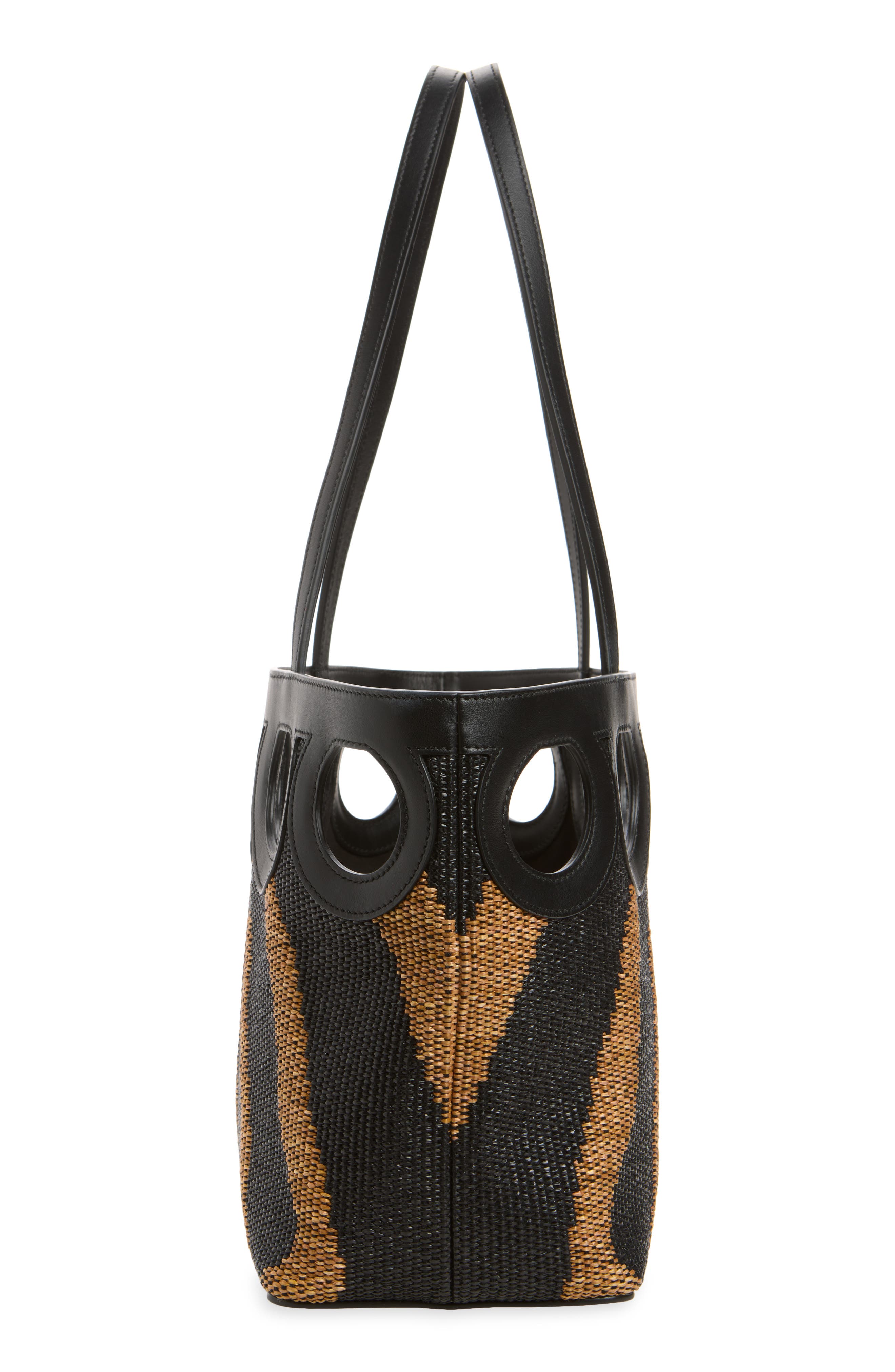 Small Gancini Outline Woven Raffia & Leather Tote, Alternate, color, NERO/ NATURALE