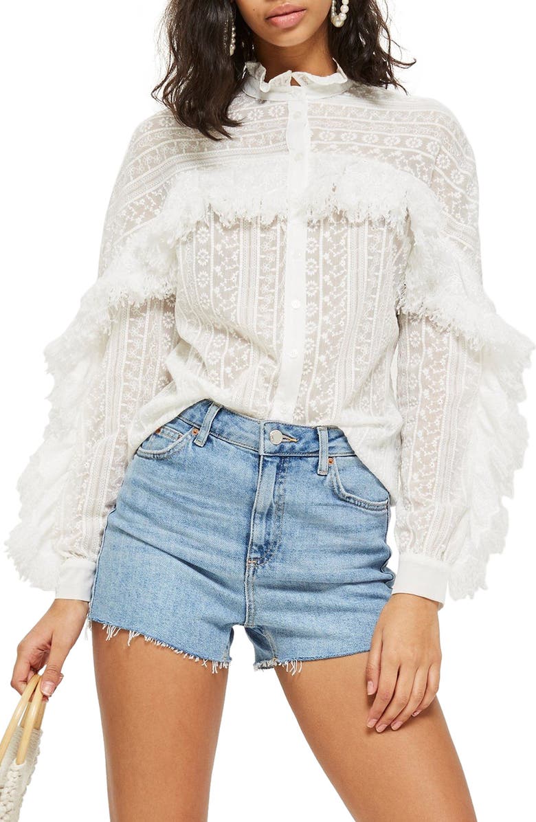 Topshop Feather Trim Button Shirt, Main, color,
