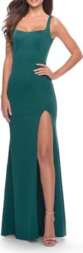 La Femme Simple Chic Long Jersey Gown with Square Neckline