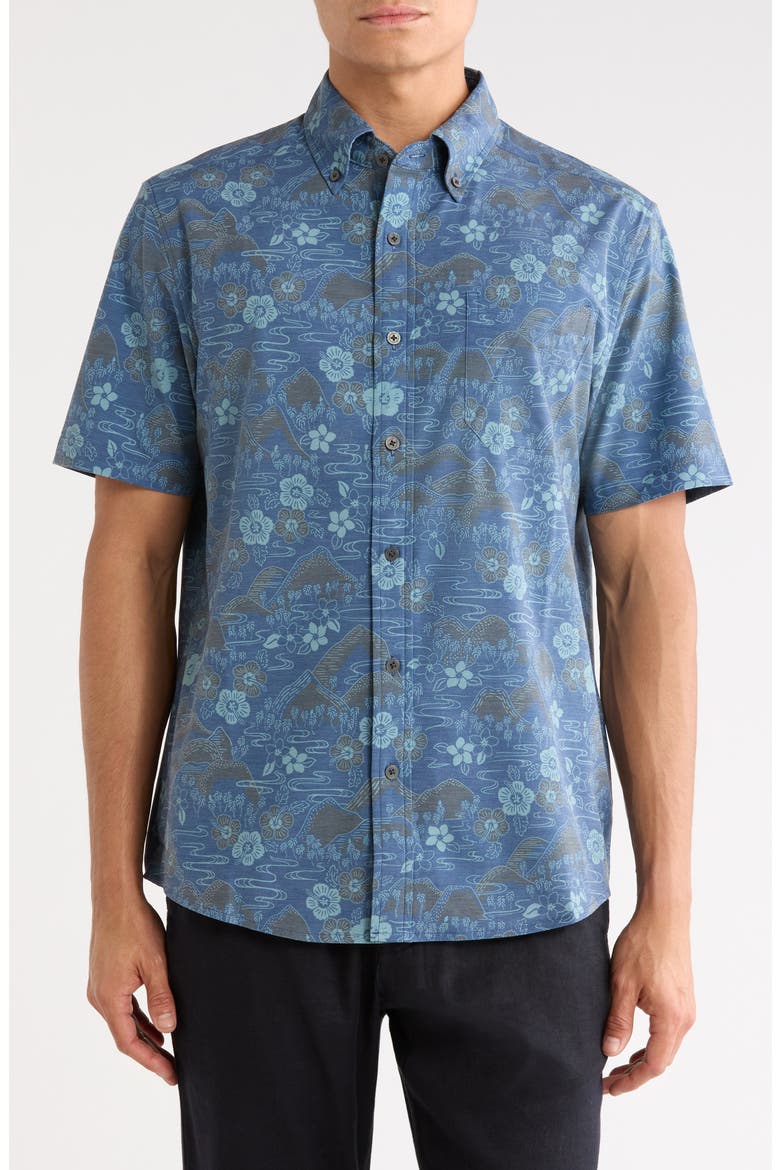 Sakura Fields Floral Short Sleeve Performance Button-Down Shirt, Main, color, NAVY