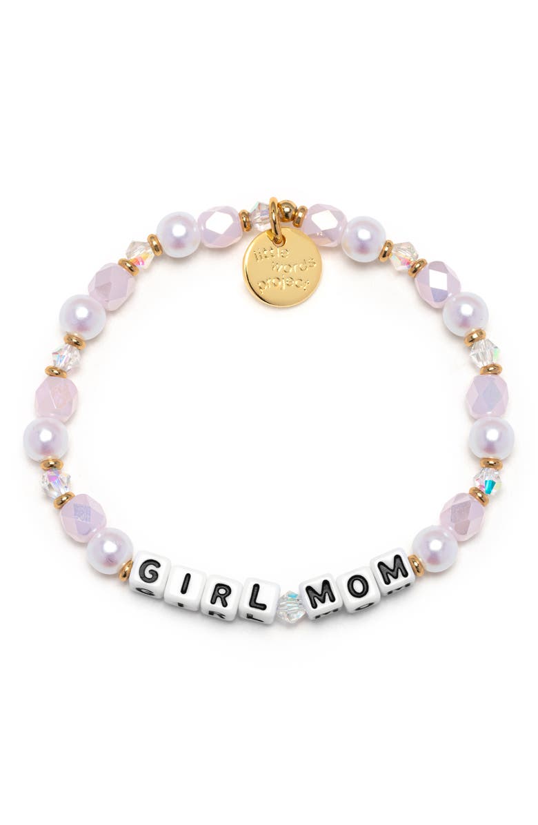 Little Words Project Girl Mom Beaded Stretch Bracelet, Main, color, White