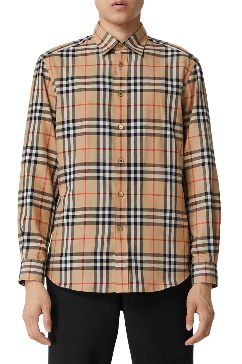 Chambers Check Button-Up Flannel Shirt, Main, color, BEIGE