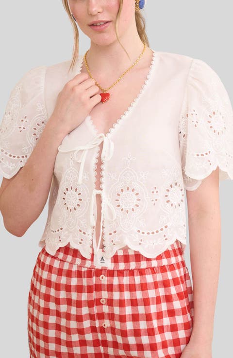 Eyelet Trim Tie Front Top