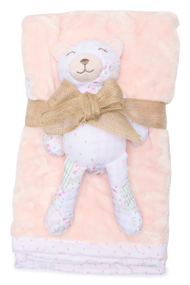 Patchwork Print Bear & Plush Blanket Gift Set, Main, color, PINK MULTI