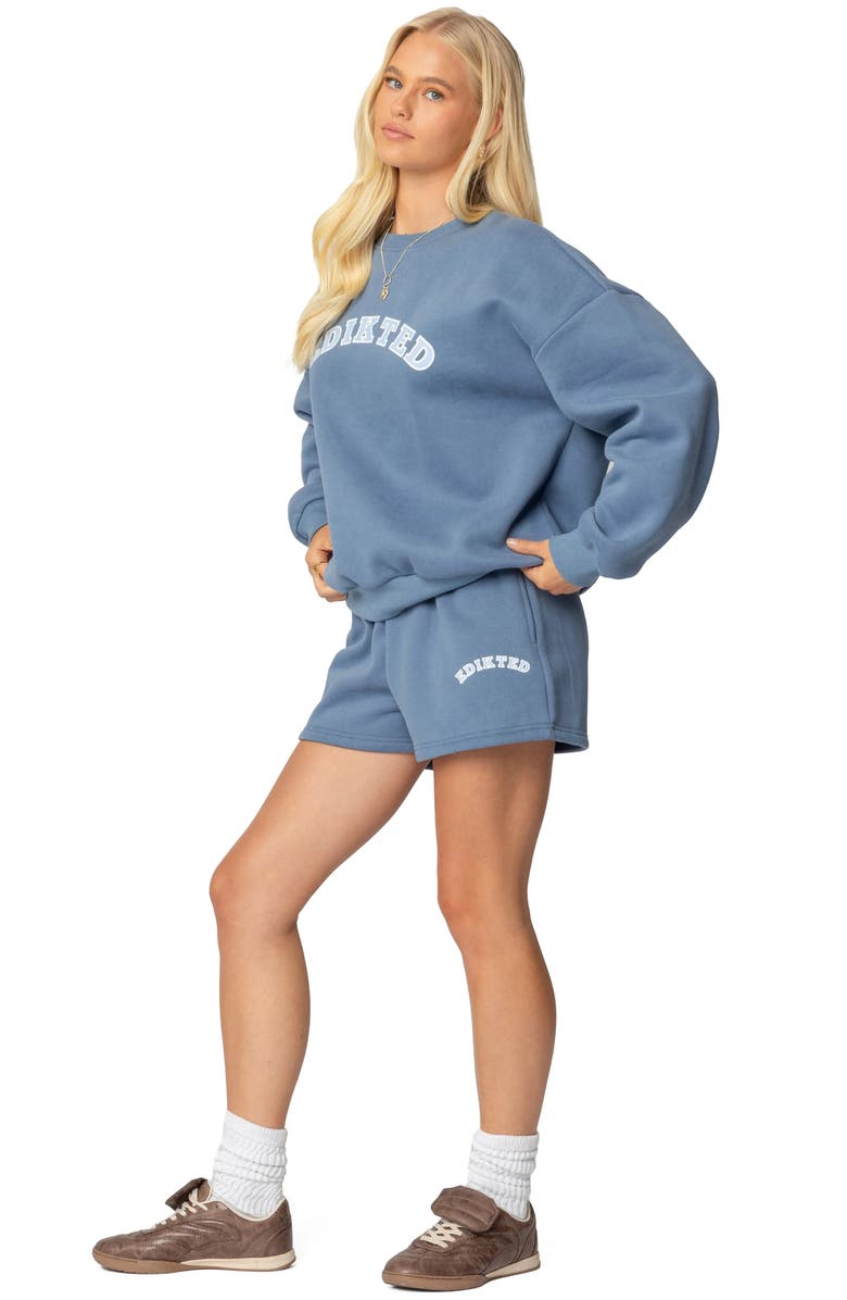 EDIKTED Beyond Edikted Cotton Graphic Sweat Shorts, Alternate, color, Blue