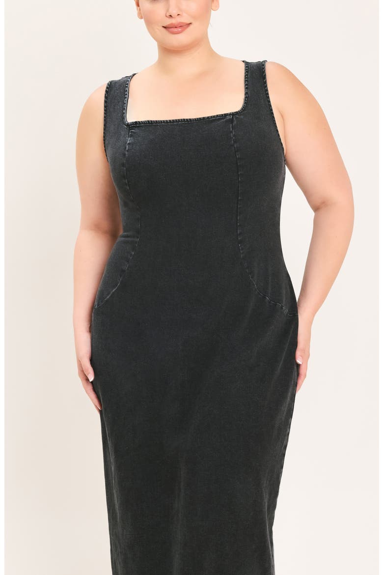 Square Neck Denim Midi Dress, Alternate, color, BLACK