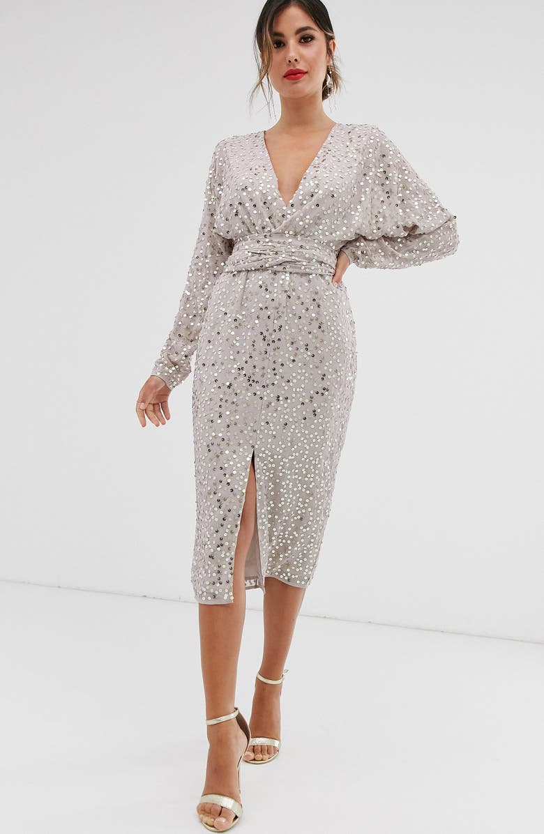 ASOS DESIGN Sequin Long Sleeve Midi Dress, Main, color, 