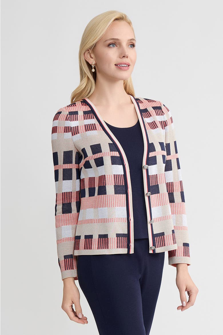 Heritage Jacquard Colorblock Knit Cardigan, Alternate, color, Sunkist Coral/Indigo/Tan
