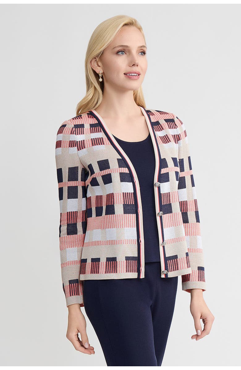 Ming Wang Heritage Jacquard Colorblock Knit Cardigan, Alternate, color, Sunkist Coral/Indigo/Tan