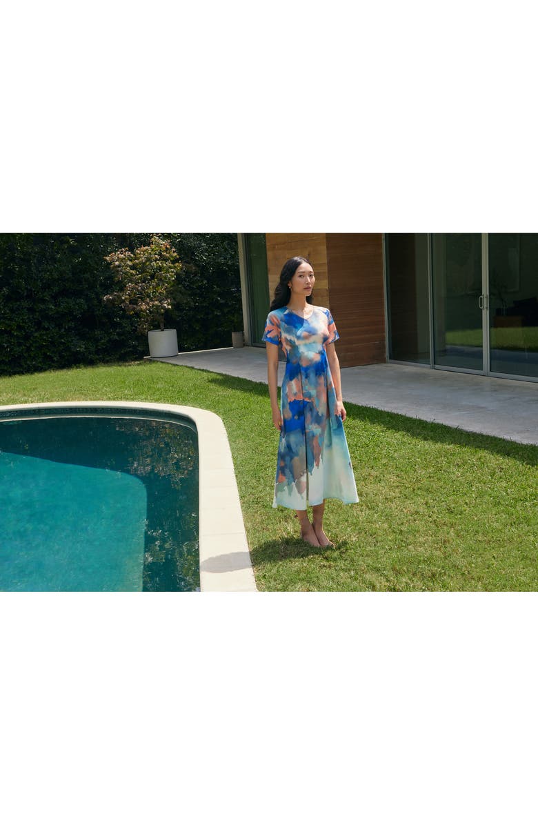 Misook Modern Fit Watercolor Pattern Midi Dress, Alternate, color, Aegean Blue/ Aquatic Multi