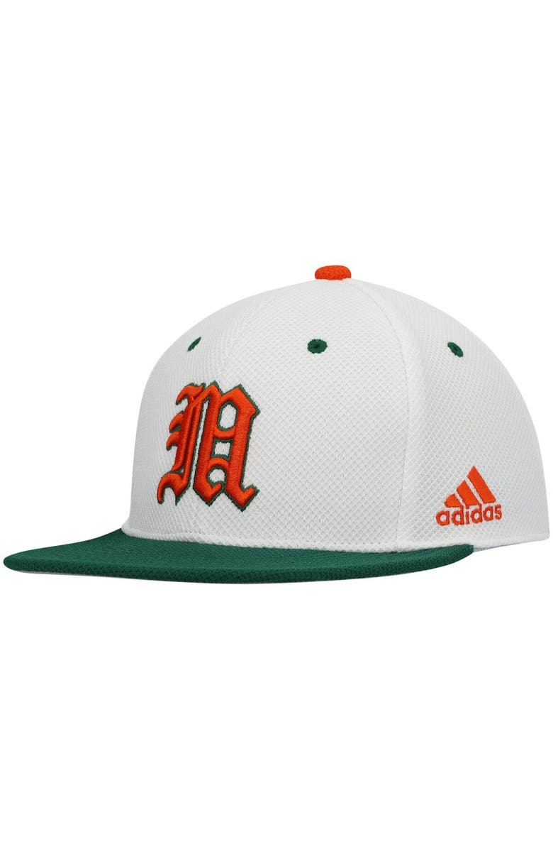adidas Men's adidas White Miami Hurricanes On-Field Baseball Fitted Hat, Main, color, 
