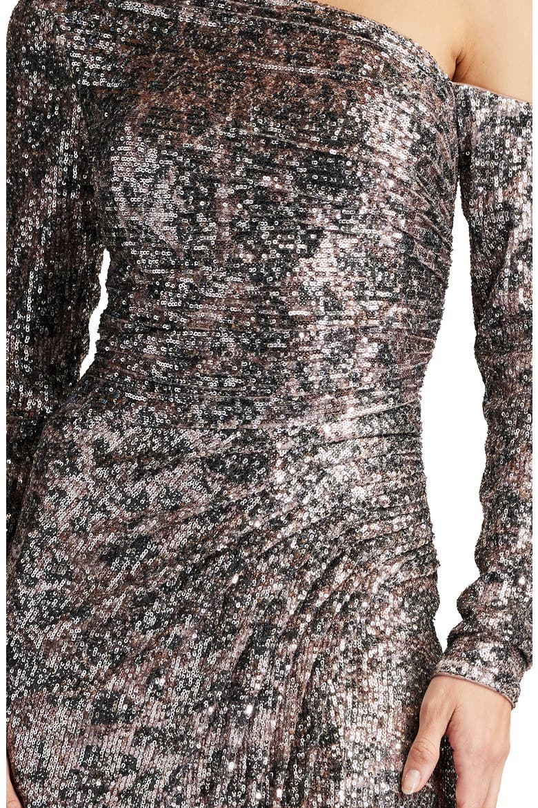 Sequin One-Shoulder Long Sleeve Midi Dress, Alternate, color, LEOPARD