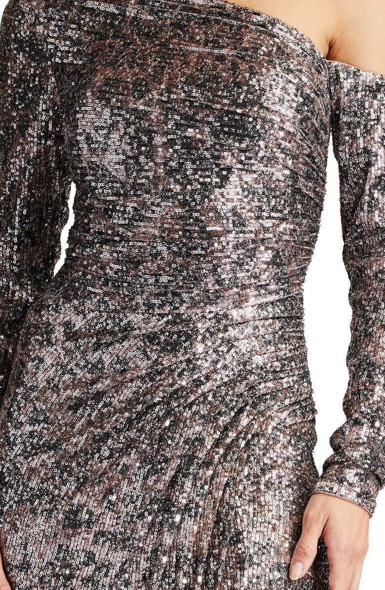 SHO by Tadashi Shoji Sequin One-Shoulder Long Sleeve Midi Dress, Alternate, color, Leopard